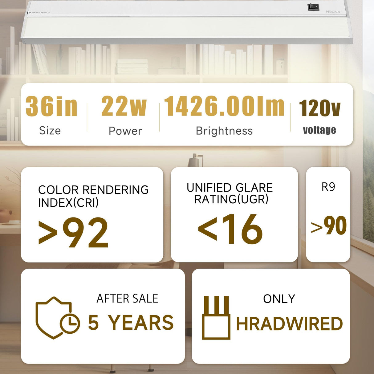 Ansen Hardwired Under Cabinet Lighting, 36in 22W LED Light for Kitchen/Closet, 1426lm, CRI>92, R9>90, Dimmable, 3 Color Temperature, 3000K/4000K/5000K(Warm White, Cool White, Daylight)