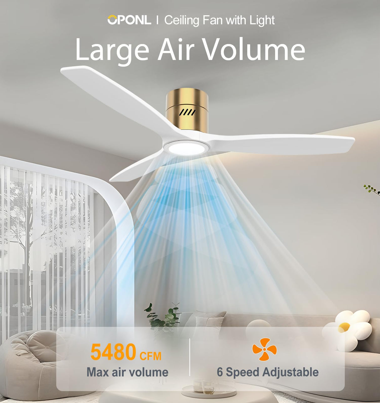 OPONL White Wood Ceiling Fan with Light 52inch, Low Profile, Remote Control, Noiseless, Reversible, 6CCT, Dimmable, 6 speeds, Timeable, Flush Mount Ceiling Fans with Lights for Living Room