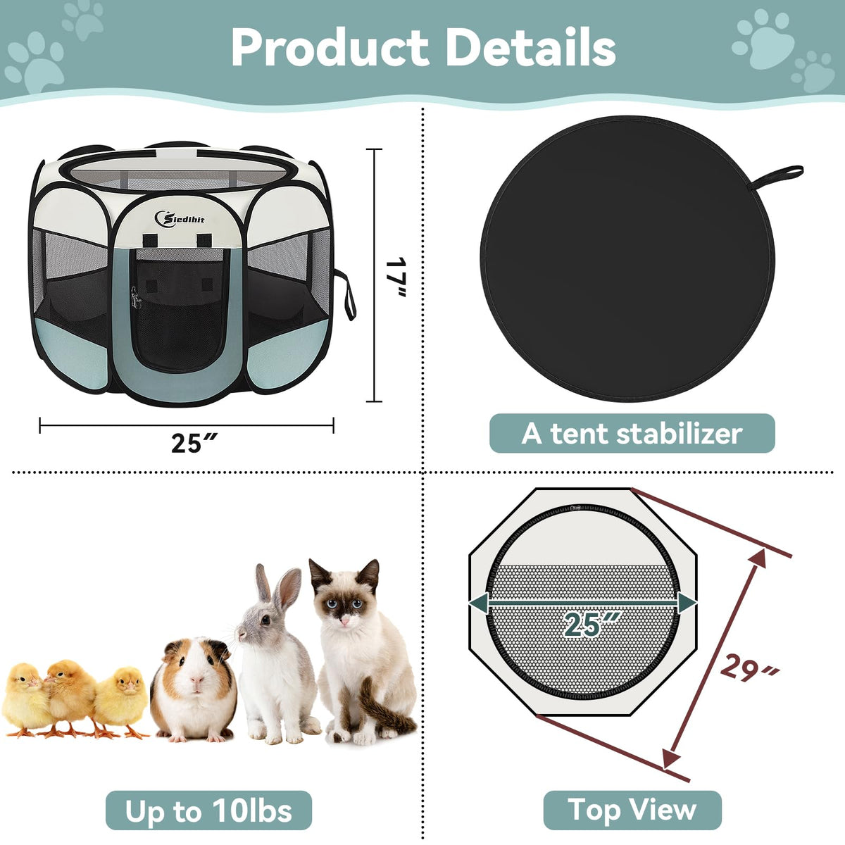 Siedihit Dog Cat Playpen, Puppy Pet Playpen Indoor for Small Dog Crate Tent Cage Outdoor, Portable Pop Up Dogs Enclosure Kennel with Carrying Case for Dogs/Cats/Rabbits(Grey, Small