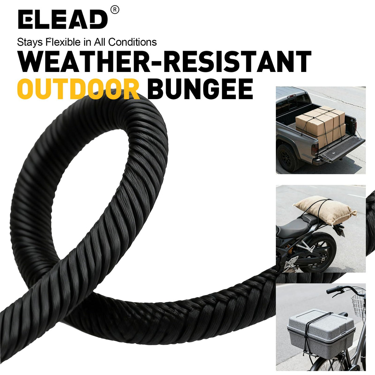 Heavy Duty Bungee Cord Roll, 1/4" x 110ft Marine Grade Outdoor Bungee Cords, Black Super Elastic Shock Cords, Long Cord for Cargo, Camping, Bike Racks, Tents