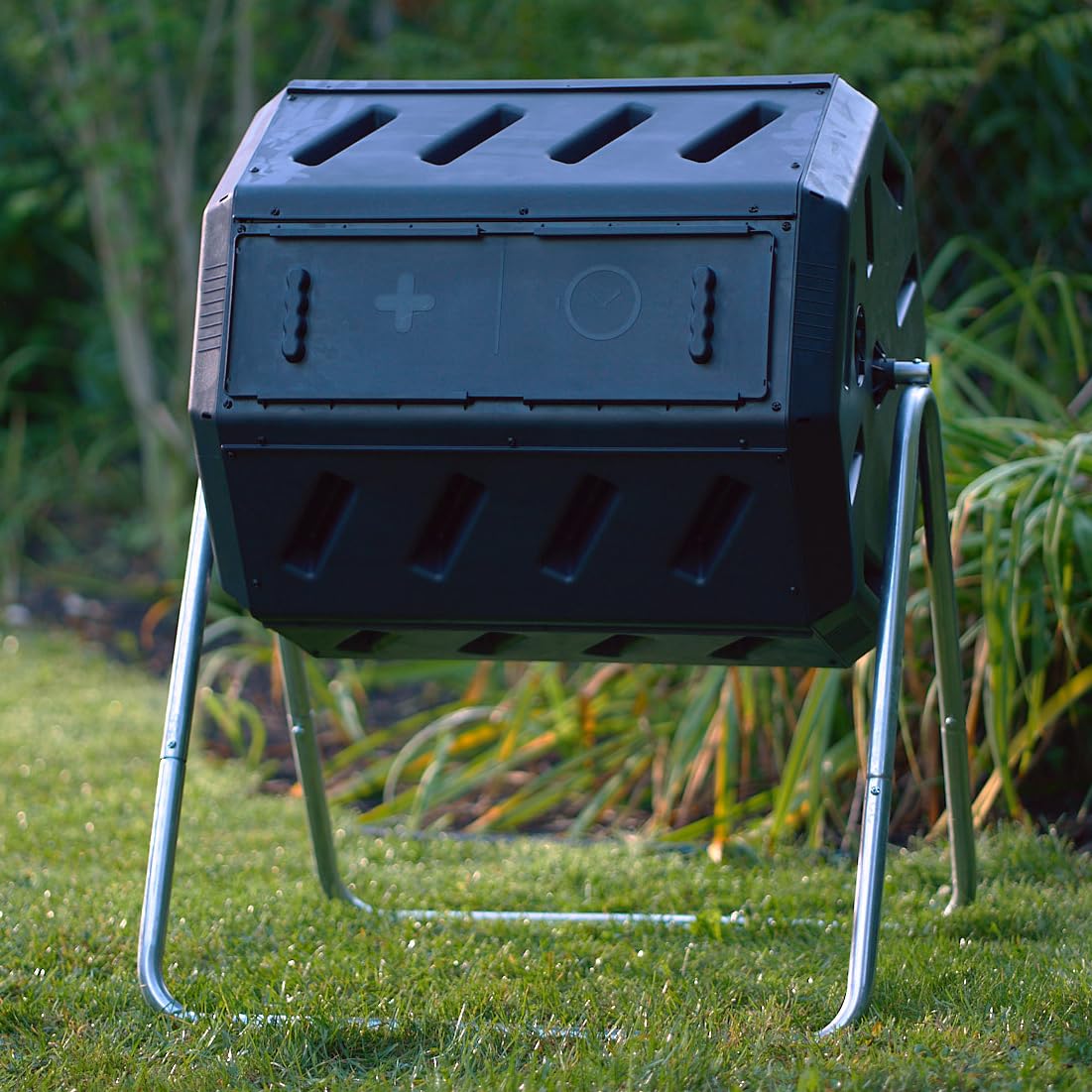 FCMP Outdoor Heavy Duty 37 Gallon 8 Sided Steel Portable Plastic Dual Chamber Tumbling Composter Outdoor Elevated Rotating Garden Compost Bin, Black