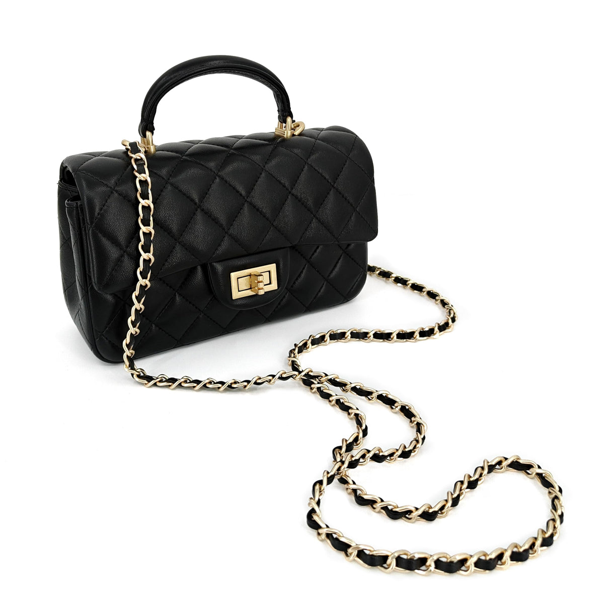 M-ioi-M Small Quilted Crossbody Bags for Women, Genuine Leather Shoulder Bags with Gold Chain Strap, Soft Lambskin Top Handle Flap Purses, Trendy Luxury Designer Lady Dressy Evening Handbags (Black)