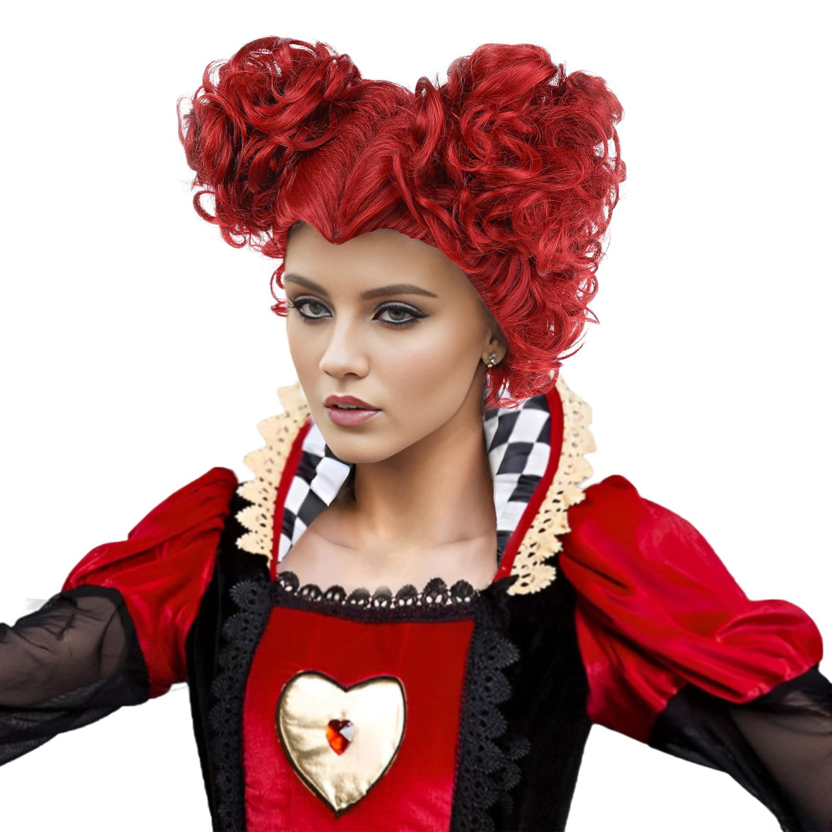 MUPUL Red Queen Wig with Crown Costume Girls Women Two Buns Heat Resistant Synthetic Hair for Halloween Christmas Party