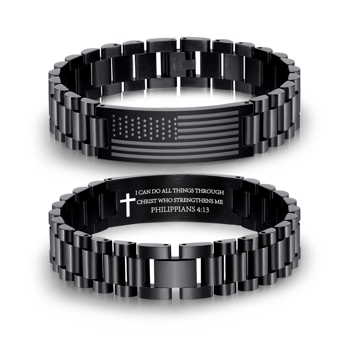 P.BLAKE Straps Watch Band Link Bracelet for Men, Stainless Steel Engraved American Flag Bible Verse Lord’s Prayer Christian Easter Anniversary Jewelry Gift for Dad Son Husband Boyfriend Him