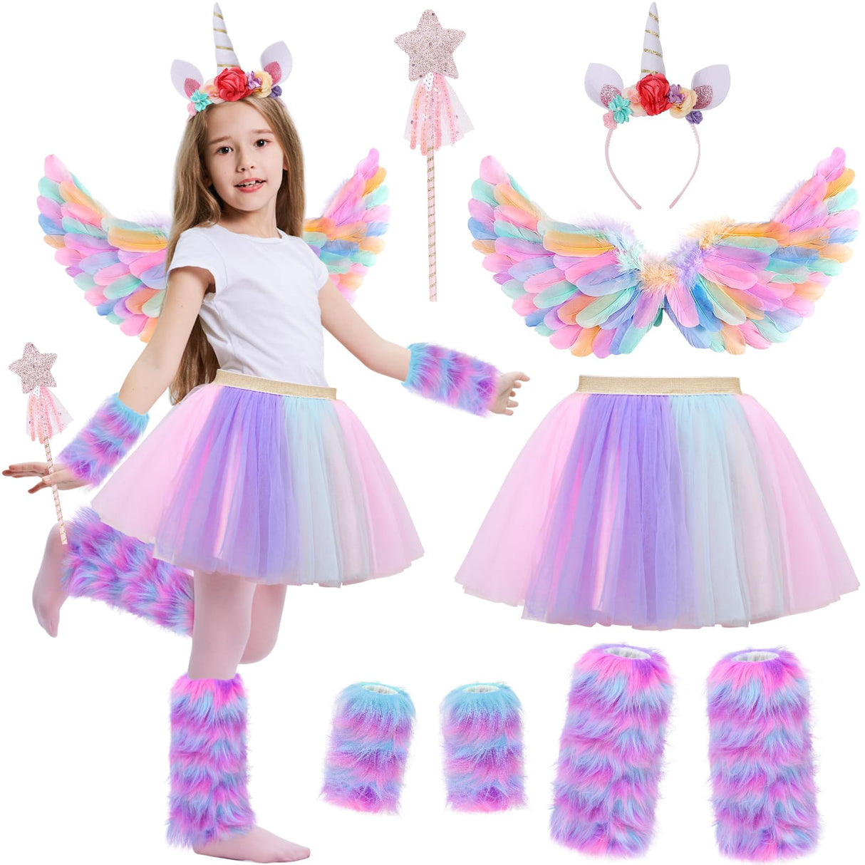 Tacobear 8pcs Unicorn Costume for Girl with Fluffy Glove, Leg Warmer, Feather Wings, Tutu Skirt, Headband, Wand, Halloween Christmas Birthday Gift Toy Dress Up Clothes Unicorn Dress for Girl 4 5 6 7 8
