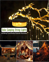 Solar Camping String Lights, 32.8FT Fairy String Lights 130LEDs, 4 In 1 Portable Waterproof Camp Lamp with 8 Mode, Hanging Rechargeable Tent Lantern for Awning Garden Yard Party Christmas Decorations