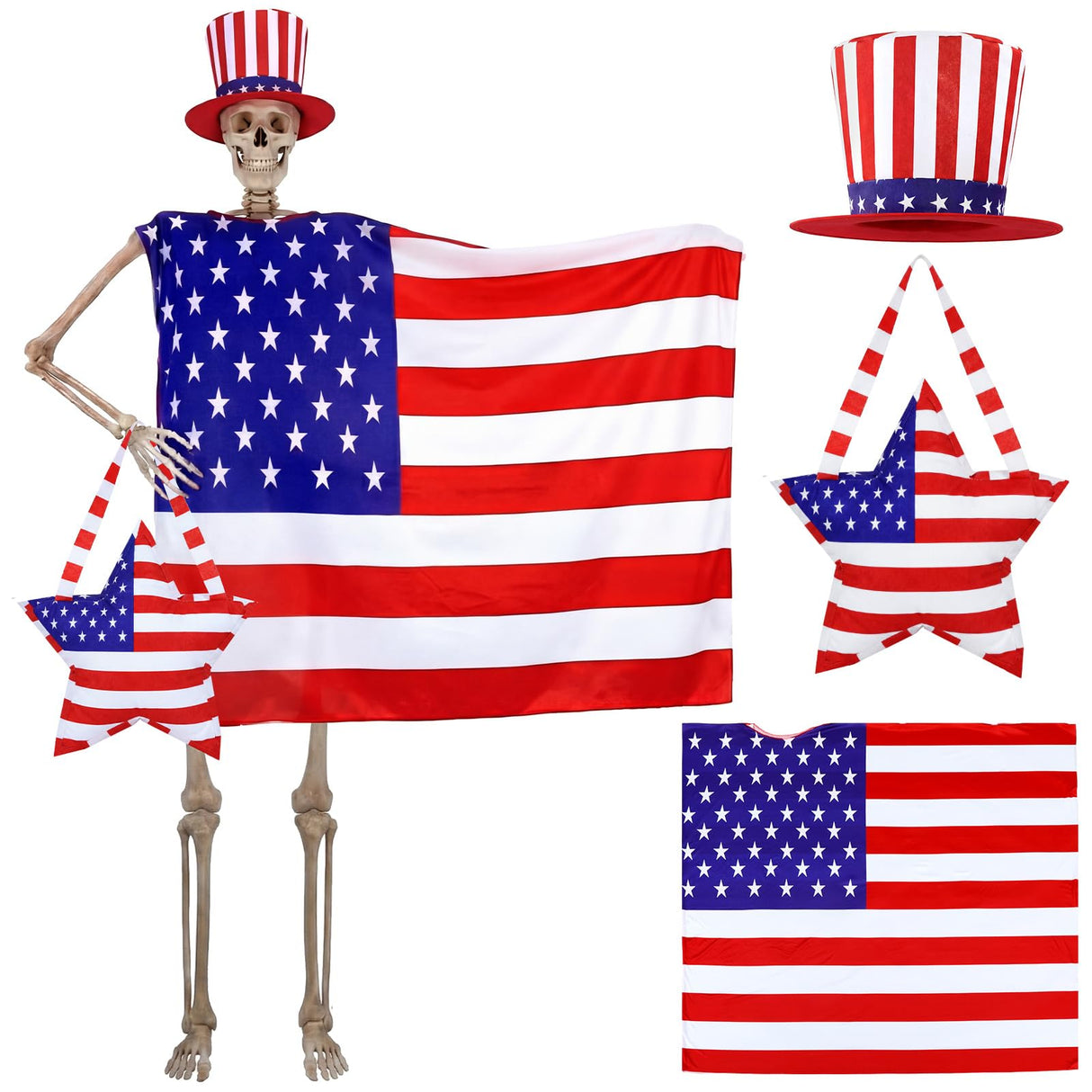Chicingyou 12 ft Skeleton Clothes Accessories Including Hat and Cloth with Basket for 12 ft Skeleton Outfit Dress (3 Pcs,American Flag)