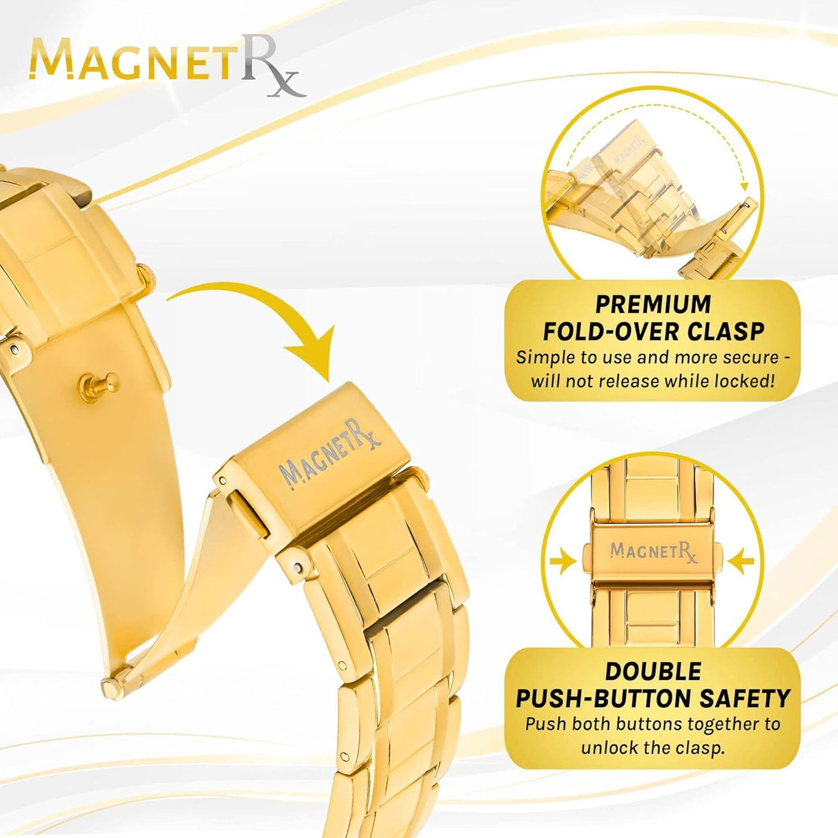 MagnetRX® 3x Strength Magnetic Bracelets for Men – Effective Magnetic Mens Titanium Bracelet – Premium Fold–over Clasp & Adjustable Length with Sizing Tool & Gift Box (Gold)