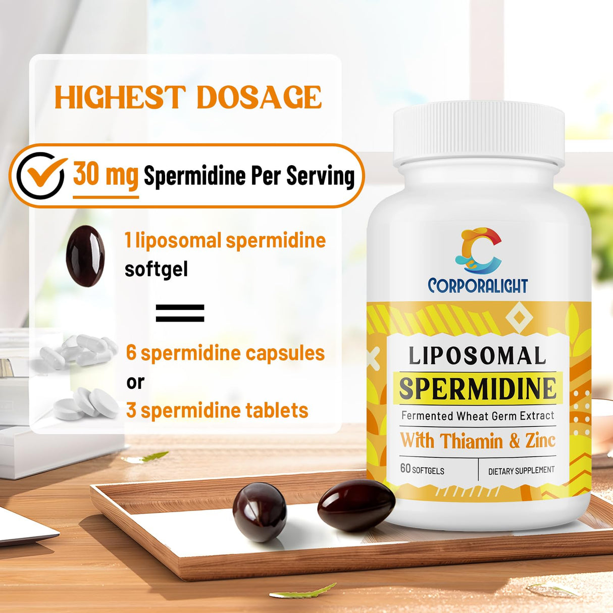 30mg Spermidine Supplement, Liposomal Spermidine, High Absorption, More Potent Than Spermidine 3HCL, Fermented Wheat Germ Extract, Spermidine for Women & Men, Cellular Renewal, Longevity, 60 Softgels
