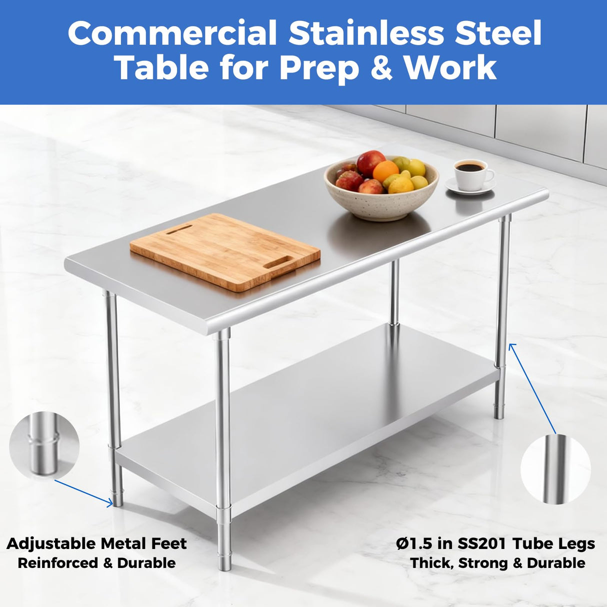 OSTBA Stainless Steel Table for Prep & Work 24x48 Inches, NSF Metal Commercial Heavy Duty Table with Adjustable Undershelf and Adjustable Foot for Restaurant Kitchen Home and Hotel