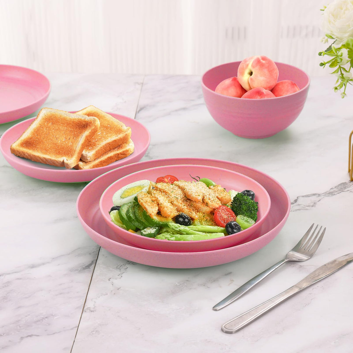 Gudvilla Pink Dinnerware Sets for 8,Pink Plates and Bowls Sets Plastic,Wheat Straw Dinnerware Sets Unbreakable Microwave Safe Lightweight,32 Pcs Christmas Dishes Set for Kids Elderly Kitchen Outdoor