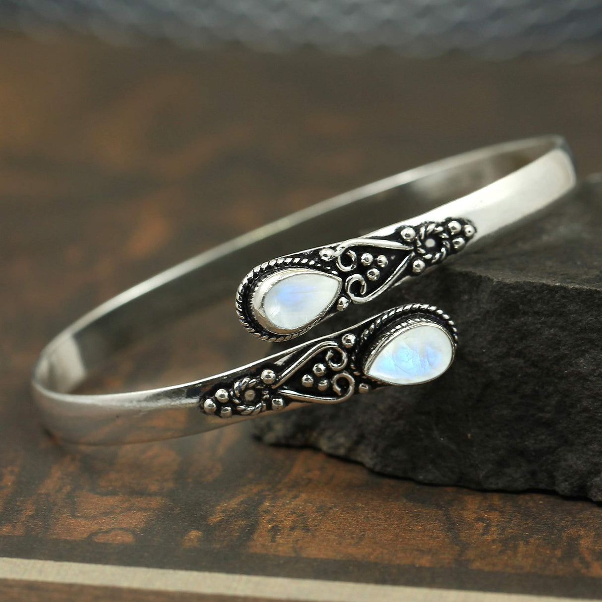 925 Silver Plated Natural Moonstone Cuff Bracelet for Women