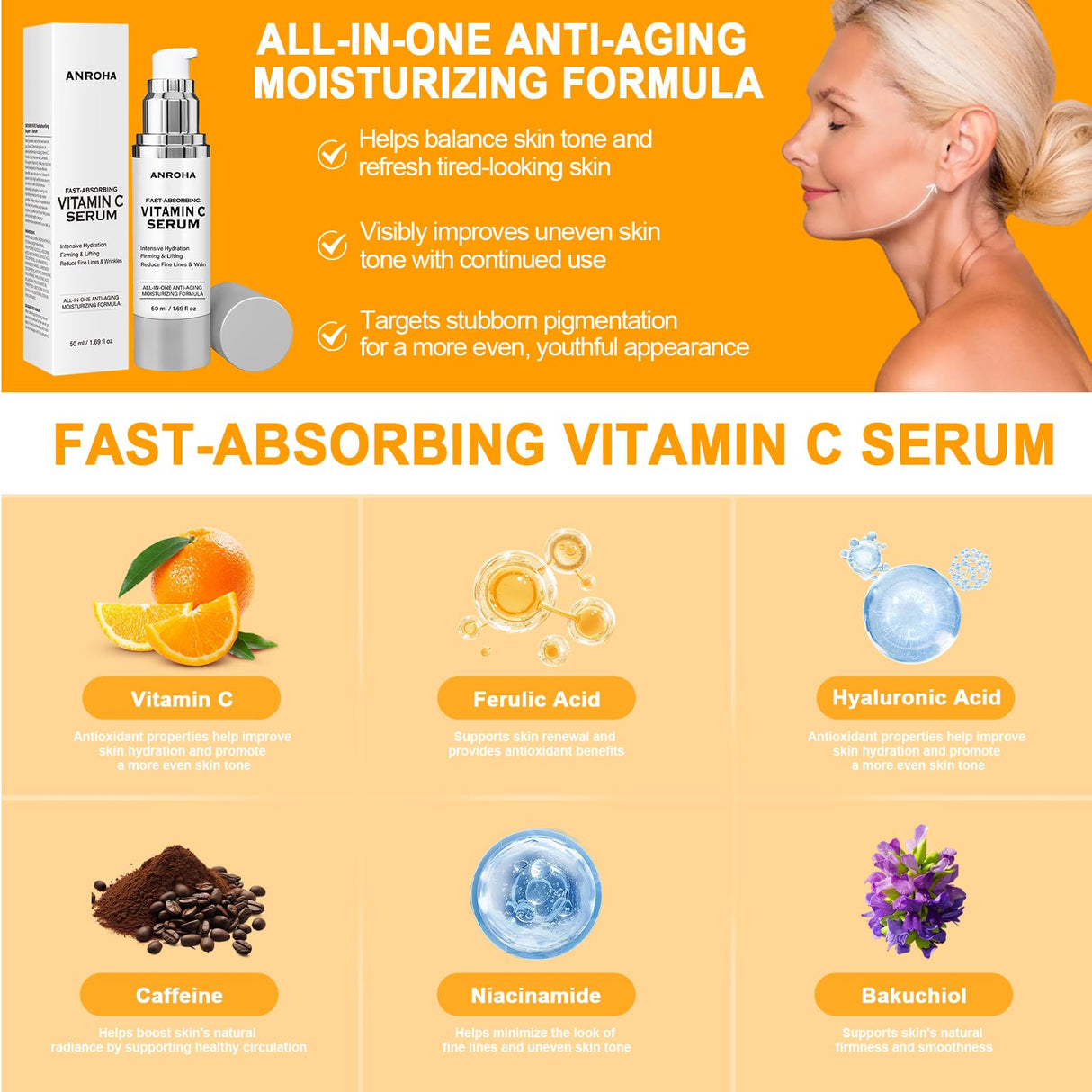 Vitamin C Serum for Women over 70, Vitamin C Serum for Mature Skin Face Hydrates, Firms, Lifts, Targets Age Marks, Wrinkles and Smoothes Skin Texture 1.69 fl oz