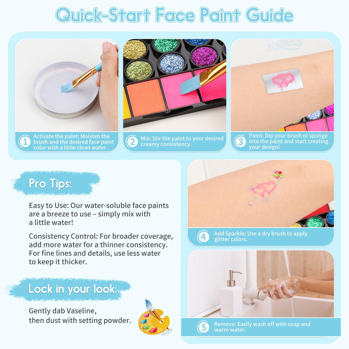 Pintada 42 Color Face Painting Kit for Kids - Non Toxic Water Activated Face Paint Palette With Stencils, Brush, Sponges, Book. For Carnival, Halloween, Costume Makeup and Festivals & Events