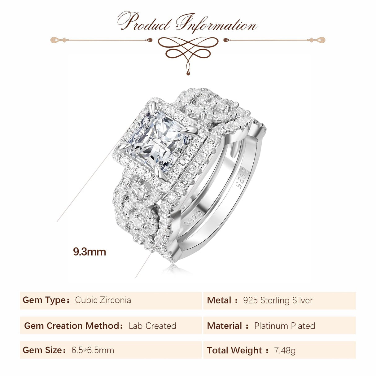 RYANEE Princess Cut Cubic Zirconia Halo Promise Engagement Ring For Women in 925 Sterling Silver, Simulated Diamond 14k White Gold Plated CZ Stackable Rings For Her, Wedding Band Bridal Ring Set 6