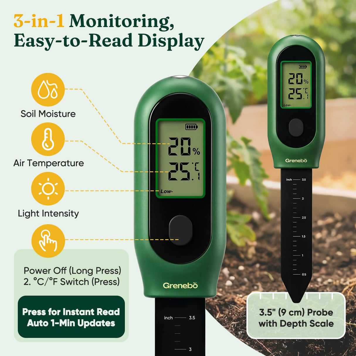 Grenebo 3-in-1 Soil Moisture Meter, Digital Plant Water Meter, Temperature & Sunlight Intensity Sensor, LCD Display Soil Tester for Gardening, Farming, Plant Care, Indoor & Outdoor Plants, 2 Pack