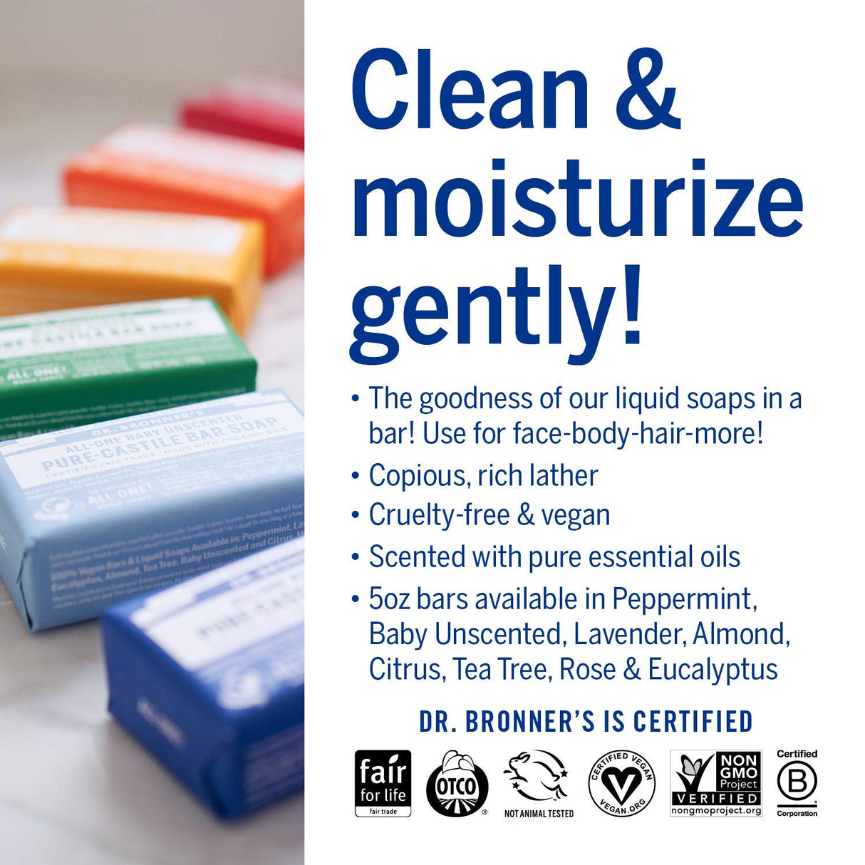 Dr. Bronner's - Pure-Castile Bar Soap (Peppermint, 5 Ounce, 12-Pack) - Made with Organic Oils, For Face, Body & Hair, Gentle & Moisturizing, Biodegradable, Vegan, Cruelty-free, Non-GMO