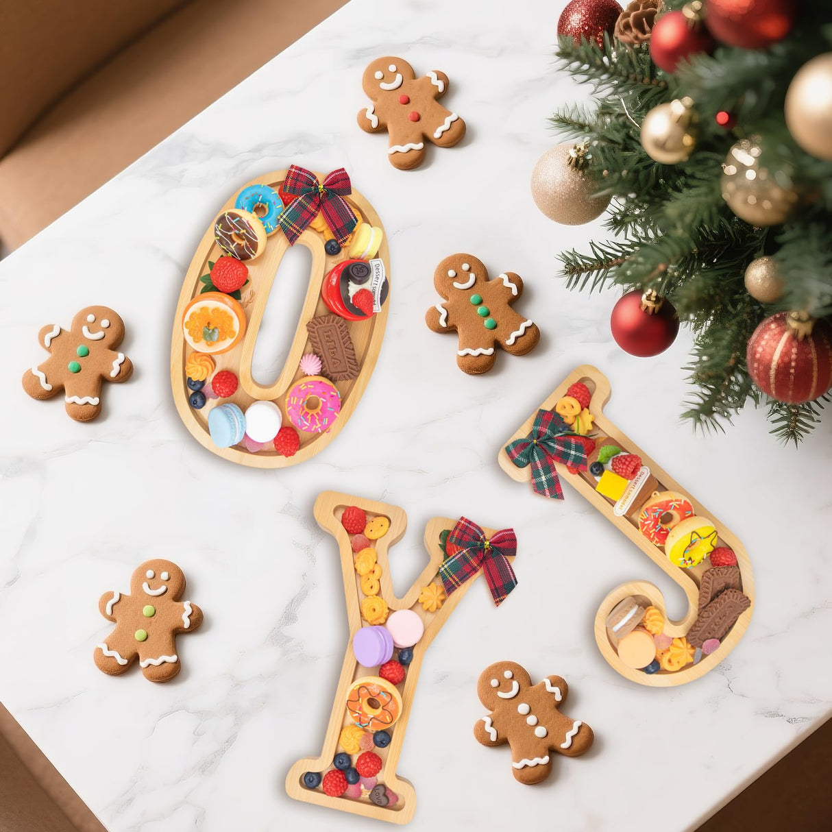 Nsoyos 3PCS Bamboo Christmas Decorations Letters Charcuterie Board Box-(with 14 Balloons and Bow) Joy Charcuterie Letters Fillable Food Christmas Party Supplies Table Decoration Food Tray Platter