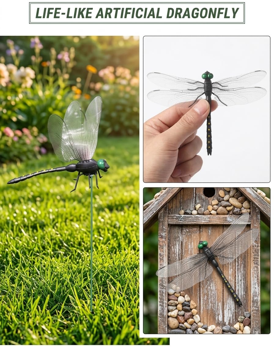 IANMINJ 20 Pcs Black Dragonfly Decorative Stakes, Dragonfly Clip,Fake Dragonflies, Humming Bird Stakes Fake, Plastics Dragonfly for Hat Indoor Outdoor Yard Balcony Plant Flower Pot Decor