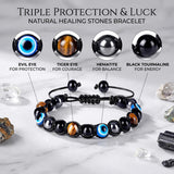 Evil Eye Bracelets for Mens Women,Mens Hematite Bracelets,Tiger Eye Bracelet for Men,Black Tourmaline Bracelet,Mens Beaded Jewelry