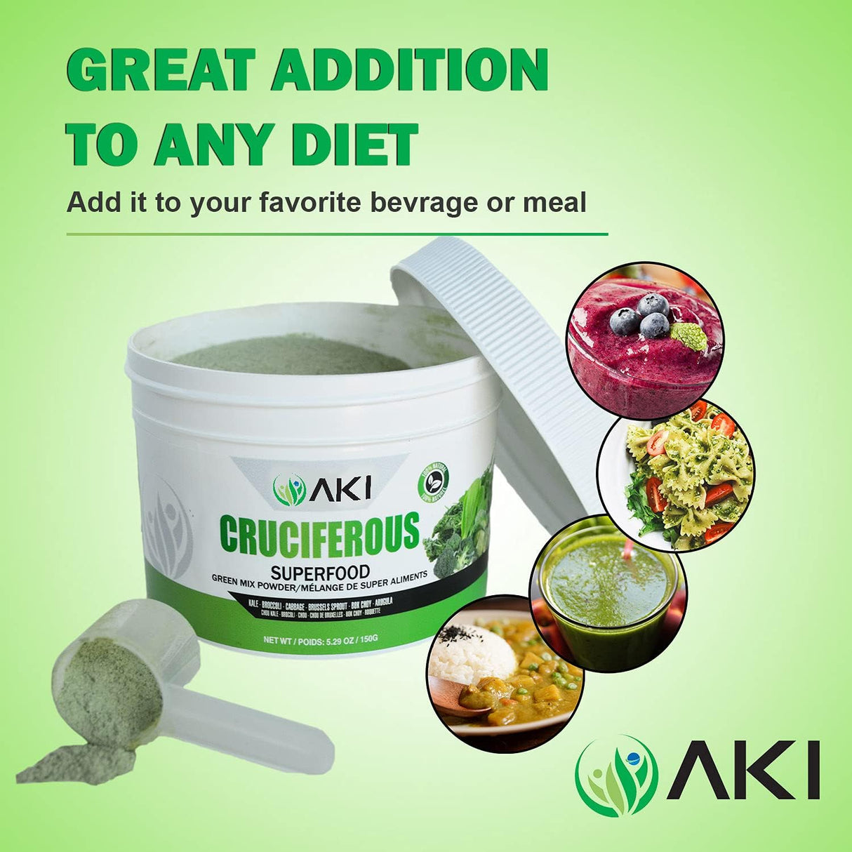 AKI Cruciferous Superfood Green Mix Powder - Made from Kale, Broccoli, Brussels Sprouts, Cabbage - Packed with Essential Phytonutrients & Vitamins ((5.3oz/150g))