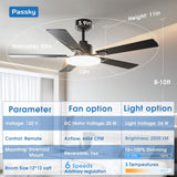Passky Ceiling Fans with Lights, 52 inch Sleek Ceiling Fan with Light and Remote Control, 3CCT, Dimmable, Reversible, Noiseless, Black Ceiling Fan for Bedroom, Living Room