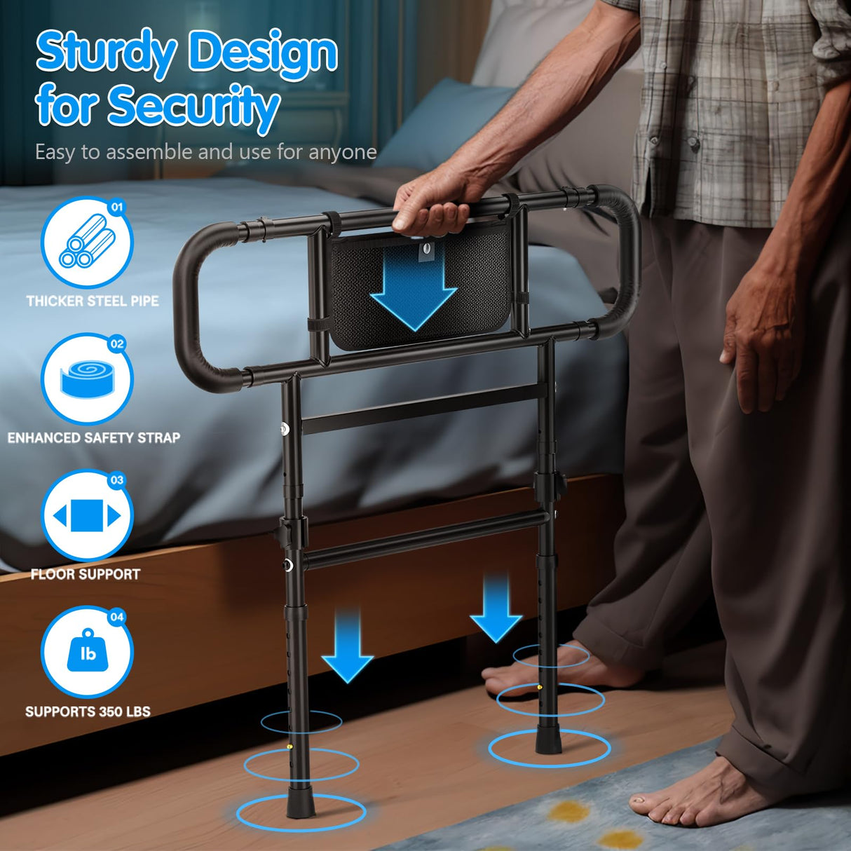 FORTEMOTUS Bed Rails for Elderly Adults Safety Foldable - Heavy Duty Bed Assist Rails for Senior, with Extendable Bed Guard Rails, Adjustable Heights, Storage Pocket& Safety Belt, can Withstand 450LB