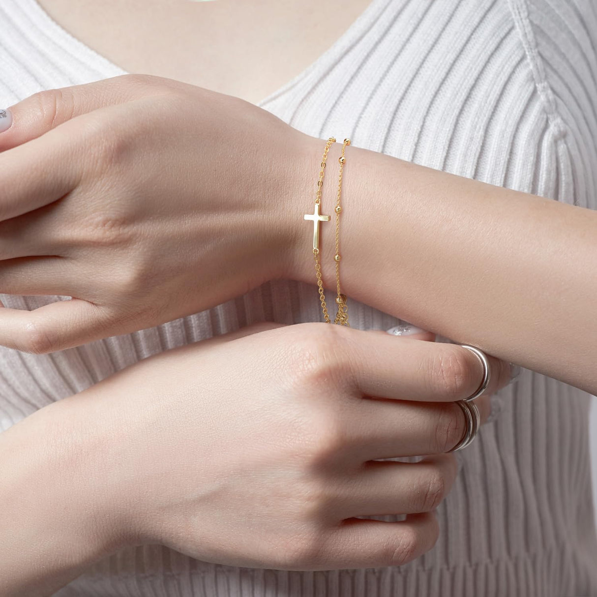 KHFGDS 14K Gold Cross Bracelet for Women Gold Bead Chain for Women