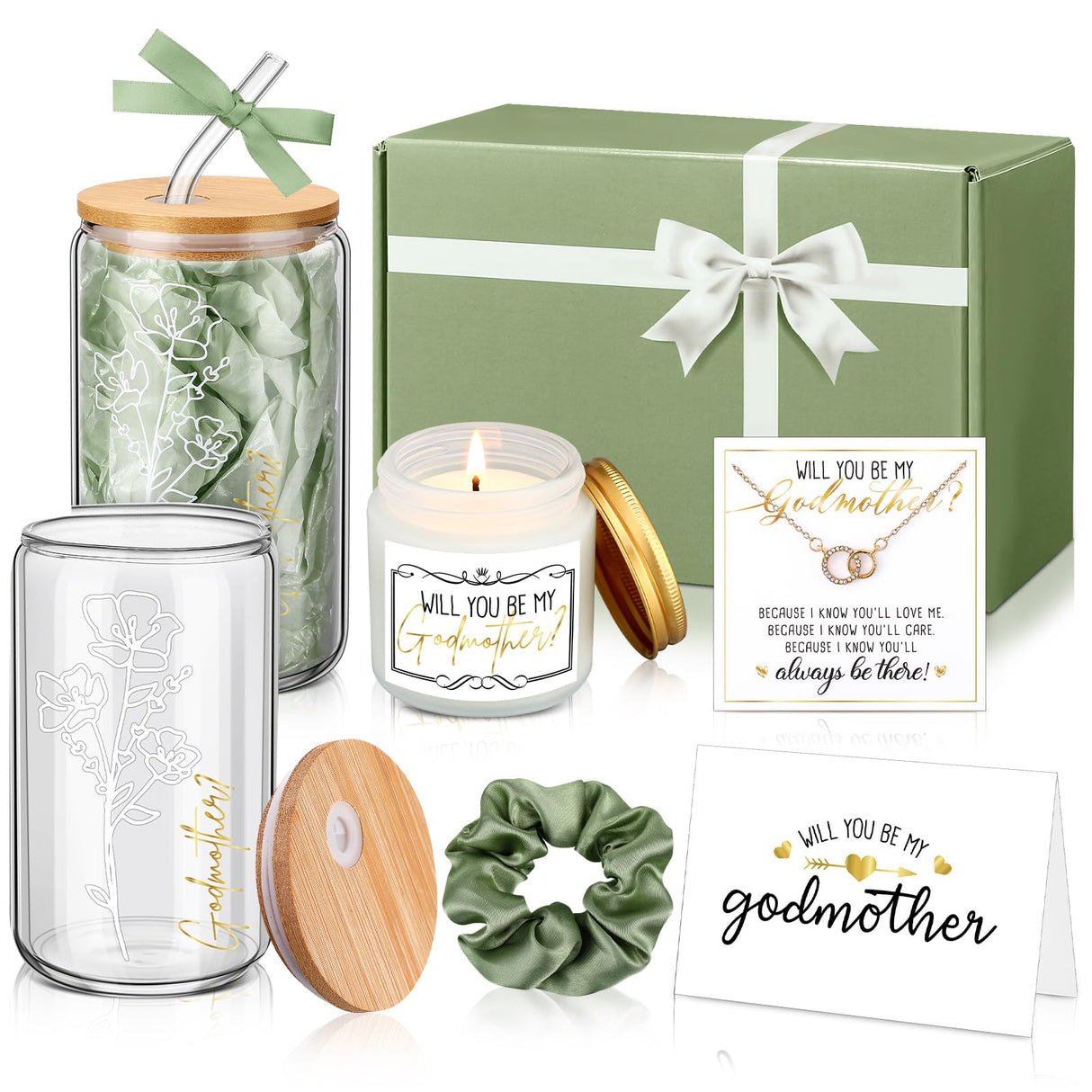 Singhoow 6 Pcs Godmother Proposal Gift Set Will You Be My Godmother 16oz Glass Cup Necklace Scented Candle Gift Box from Godchild for Mother's Dayy Christmas Birthday Baptism(Sage Green)