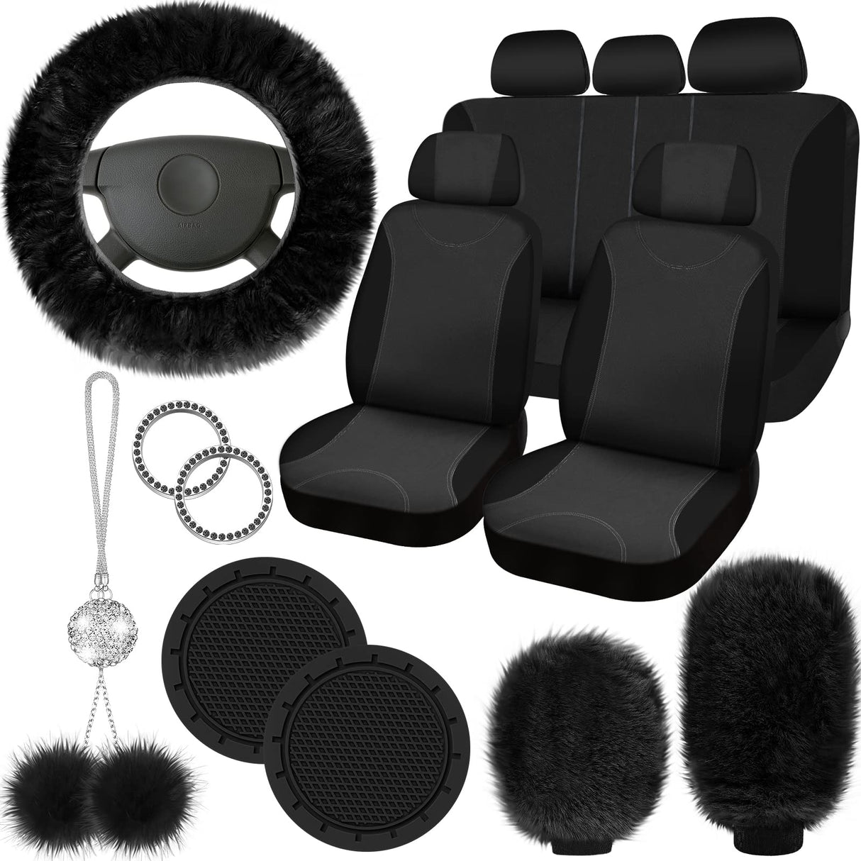 Fulmoon 17 Pcs Car Seat Cover Full Set for Women Fluffy Fuzzy Car Accessories Christmas Front Rear Steering Wheel Fleece Handbrake Shift Covers Hanging Accessory Holder Ring Emblem(Black)