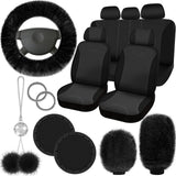 Fulmoon 17 Pcs Car Seat Cover Full Set for Women Fluffy Fuzzy Car Accessories Christmas Front Rear Steering Wheel Fleece Handbrake Shift Covers Hanging Accessory Holder Ring Emblem(Black)