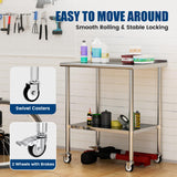 Chingoo Stainless Steel Work Table with Wheels, 24x36 Inch NSF Food Prep Table with Backsplash & Adjustable Undershelves for Commercial Kitchen, Restaurant, Garage