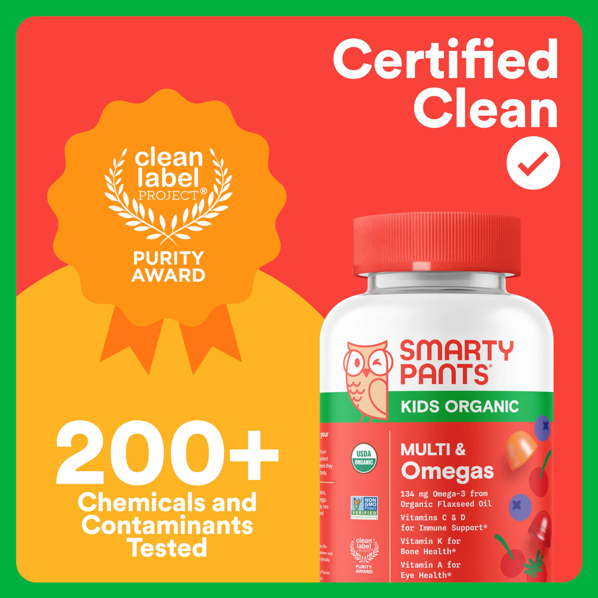 SmartyPants Organic Kids Multivitamin Gummies: Omega 3 (ALA), Vitamin D3, C, Vitamin B12, B6, A, K & Zinc for Immune Support, Biotin, Vegetarian, Three Fruit Flavors, 120 Count (30 Day Supply)