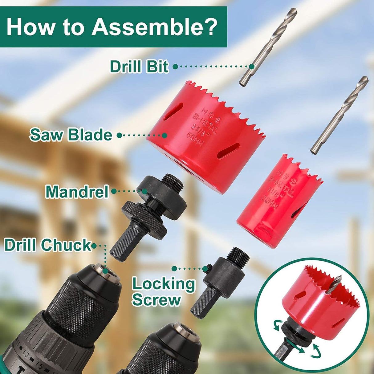 Bi-Metal Hole Saw Kit, HYCHIKA 17 Pcs High Speed Steel 3/4" to 2-1/2" Hole Saw Set in Case with Mandrels, Hole Saw Bit for Metal, Drilling PVC Board,and Plastic Plate