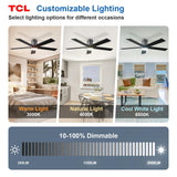 TCL 52" Ceiling Fan with Lights, Black Flush Mount Ceiling Fans with Remote Control, 6 Speeds DC Reversible, Dimmable, Noiseless, Low Profile Ceiling Fans for Bedroom