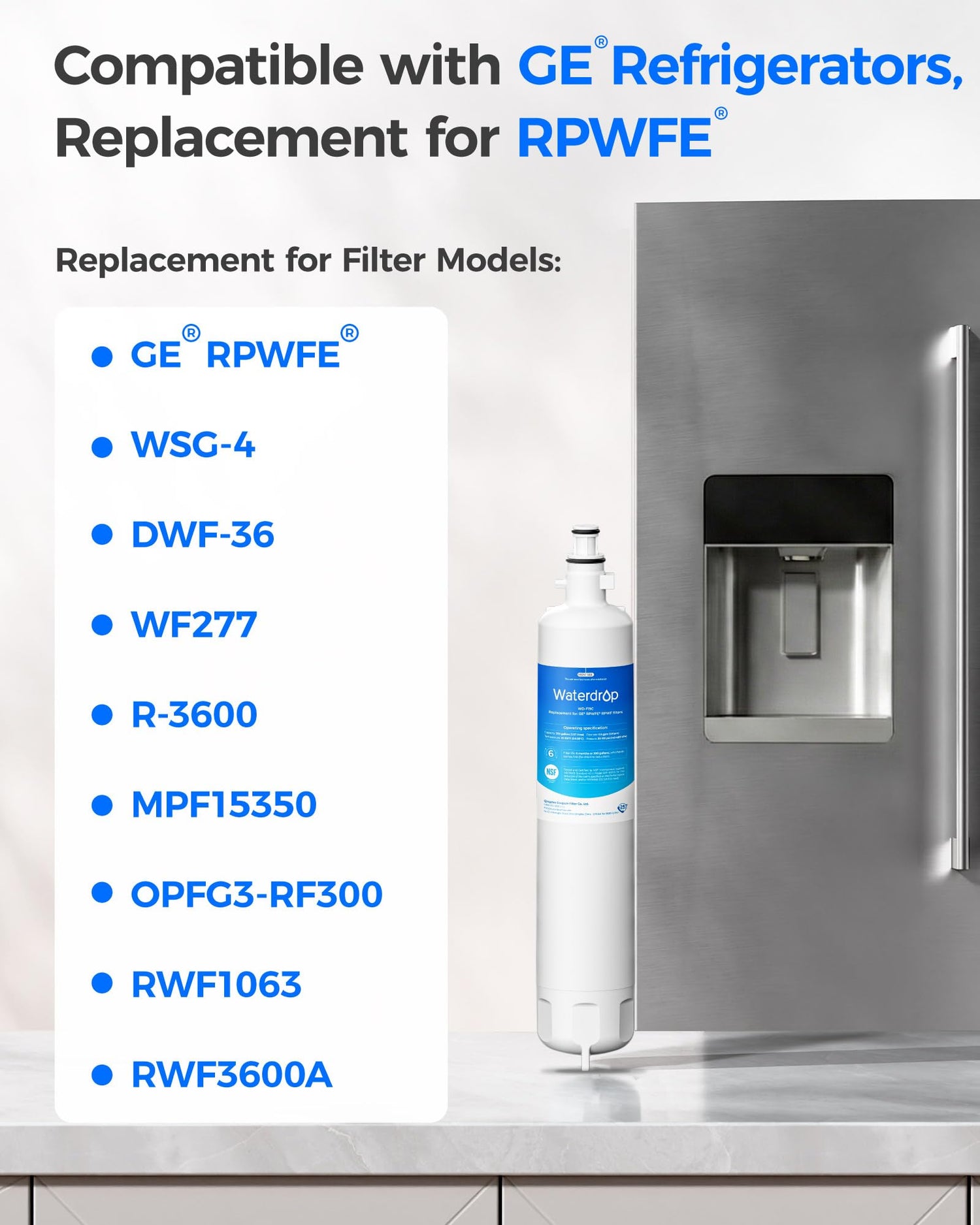 Ge Rpwfe Filter Waterdrop Replacement for GE® RPWFE®, RPWF (Built-in CHIP) Refrigerato ...