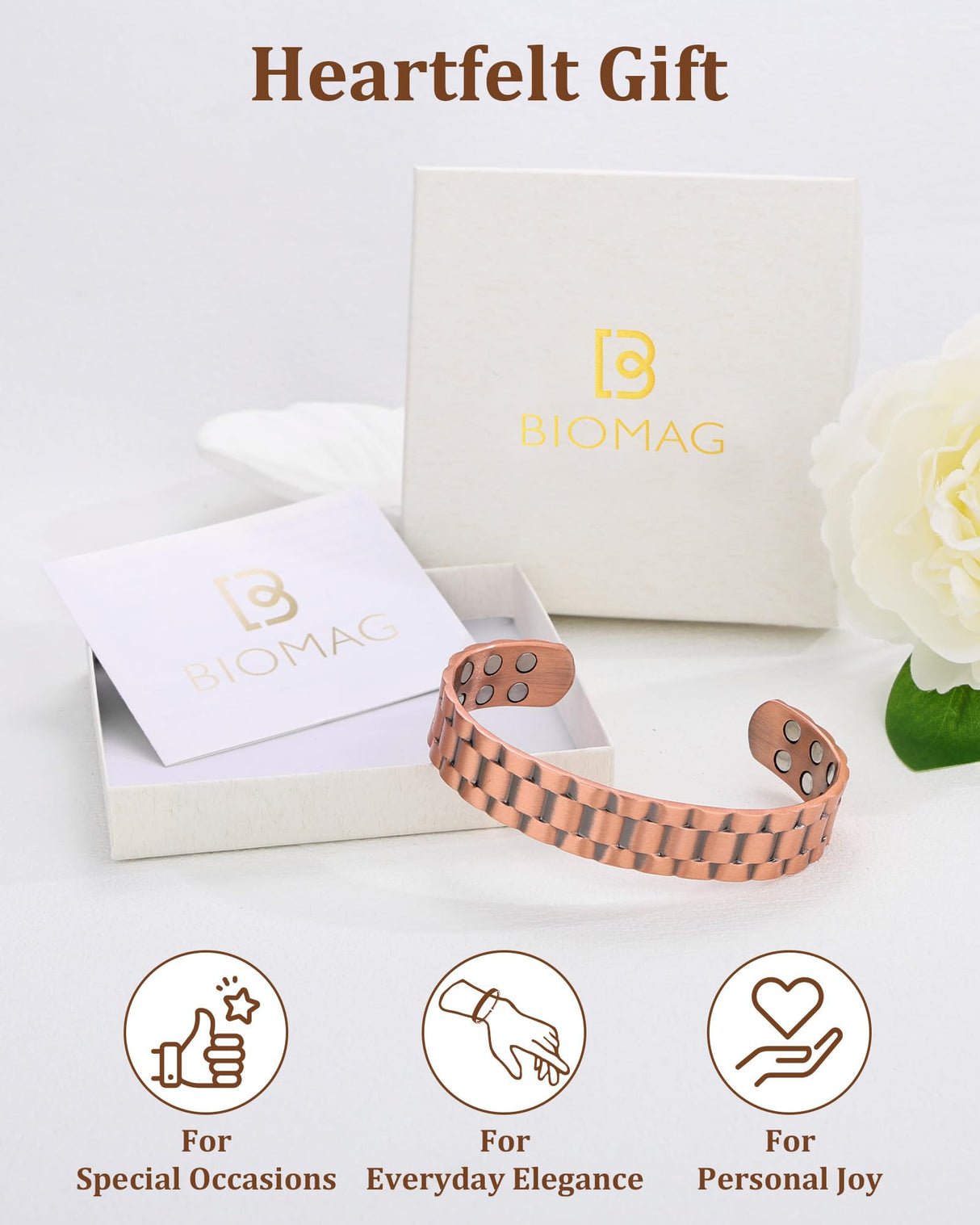 BioMag Magnetic Copper Bracelet for Men, 99.99% Pure Copper Cuff Bangle with 18 Magnets (3500 Gauss), Adjustable Size, Brick Pattern