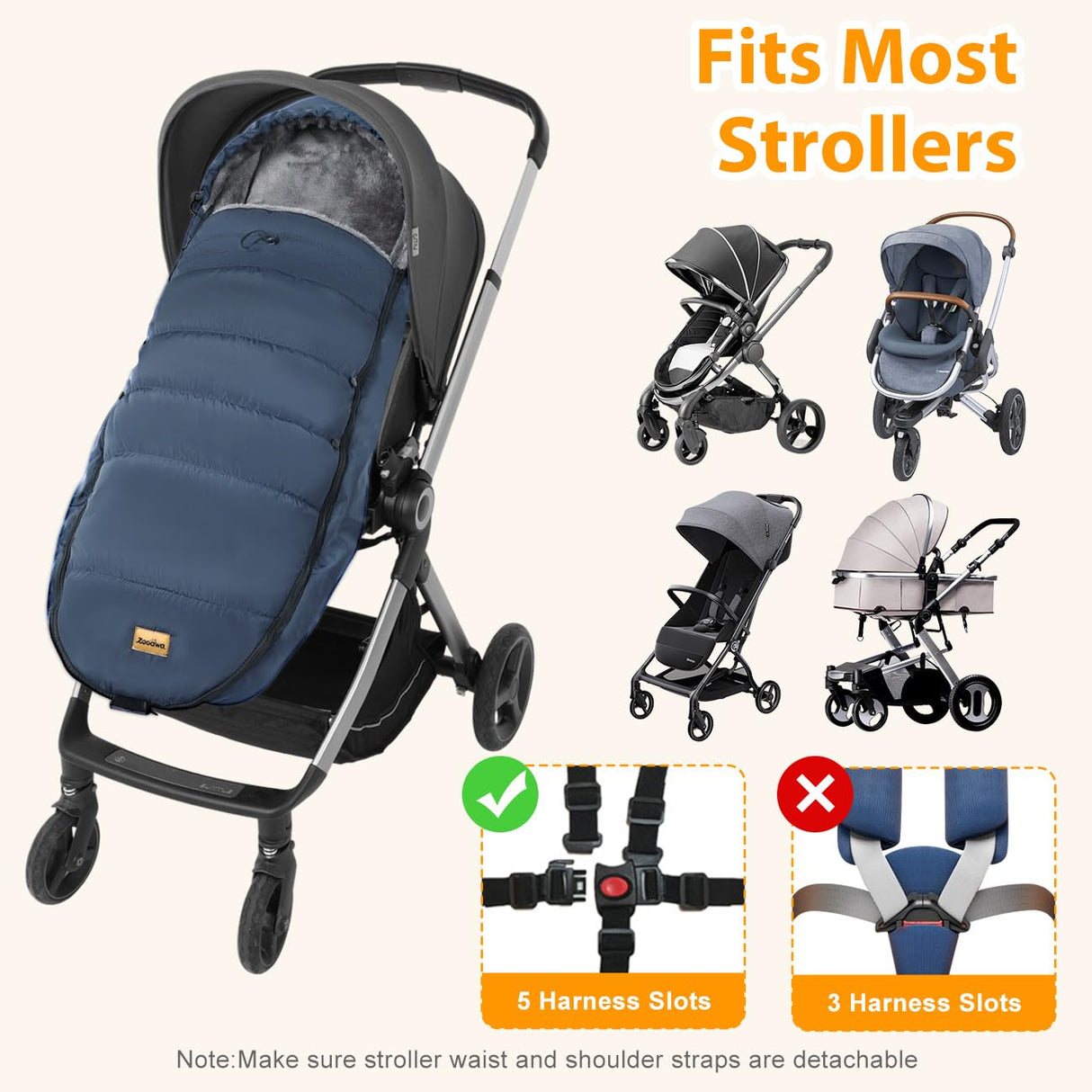 Zooawa Stroller Bunting Bag Universal, Waterproof Baby Stroller Footmuff, Christmas Gift Stroller Sleeping Bag for Cold Weather, Extra Thick, Fits 6-36 Months Baby, Dark Blue