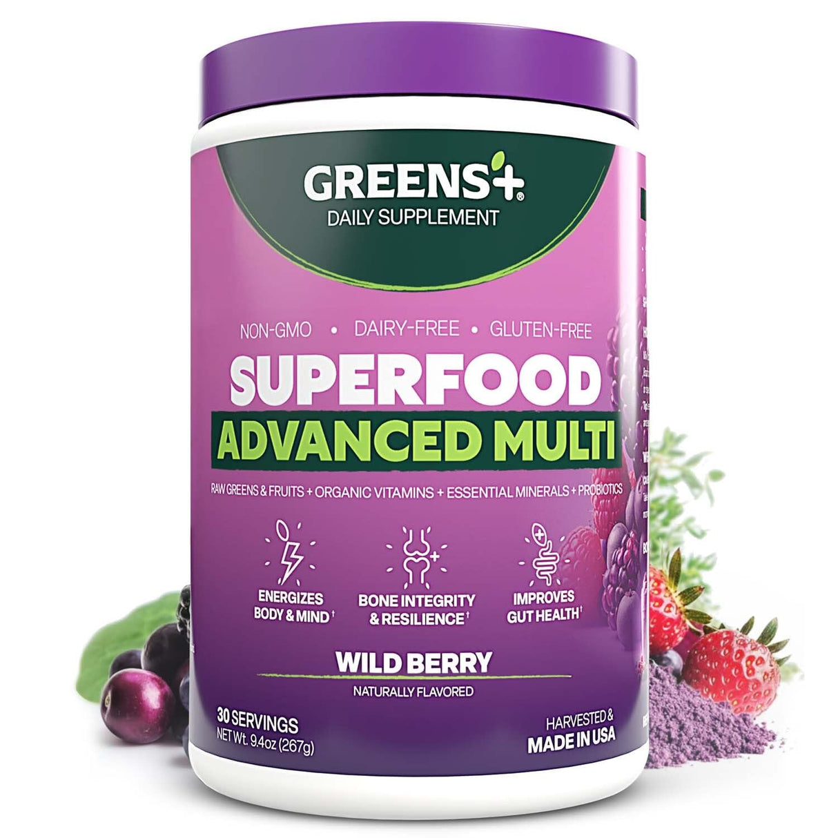 Greens+ Advanced Multi Wild Berry Superfood Powder, Organic Blend, Vegan, Non-GMO, Soy-Free, Dairy-Free, Gluten-Free, Dietary Supplement with Vitamins & Minerals, 9.4 oz