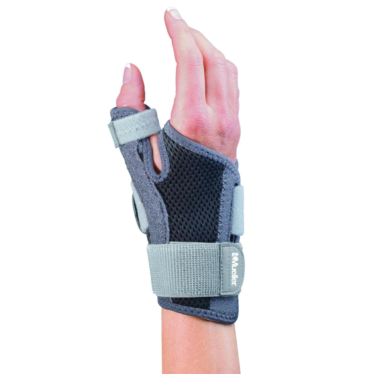 MUELLER Sports Medicine Adjust-to-Fit Thumb Brace, Spica Splint, Thumb Pain Relief Stabilizer for Men and Women, Ideal for De Quervain's Tenosynovitis, Arthritis, Sprains, Fits Right or Left, Gray, One Size