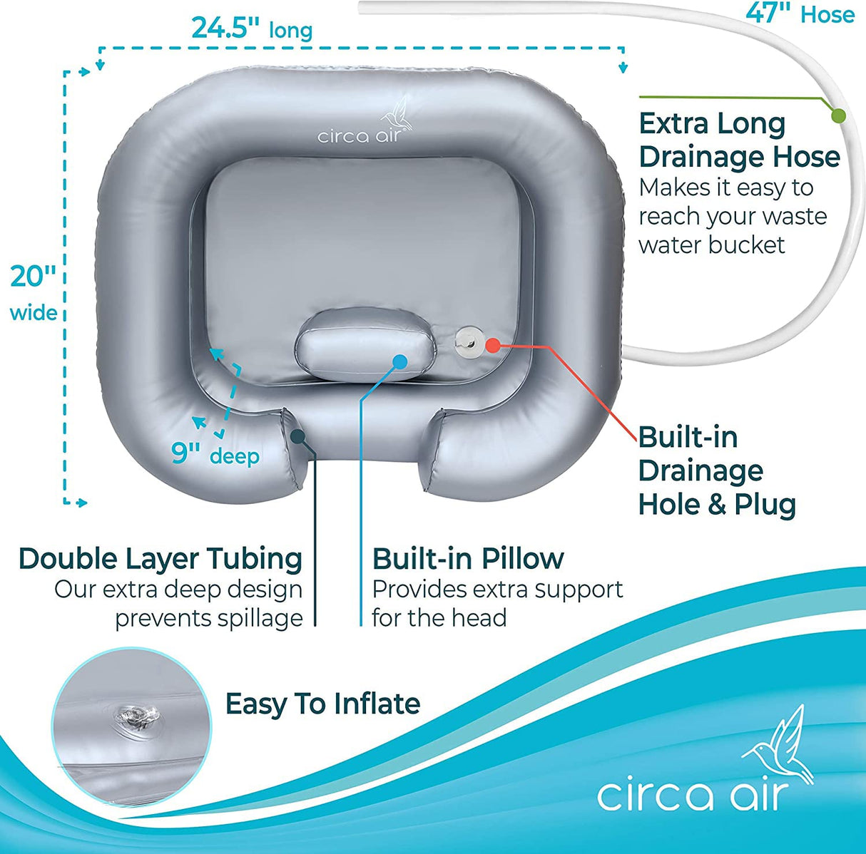 Circa Air Inflatable Hair Washing Basin For Bedridden - Wash Hair In Bed With Inflatable Shampoo Basin. Portable Shampoo Bowl With Pillow, Portable Hair Washing Station For Locs Detox
