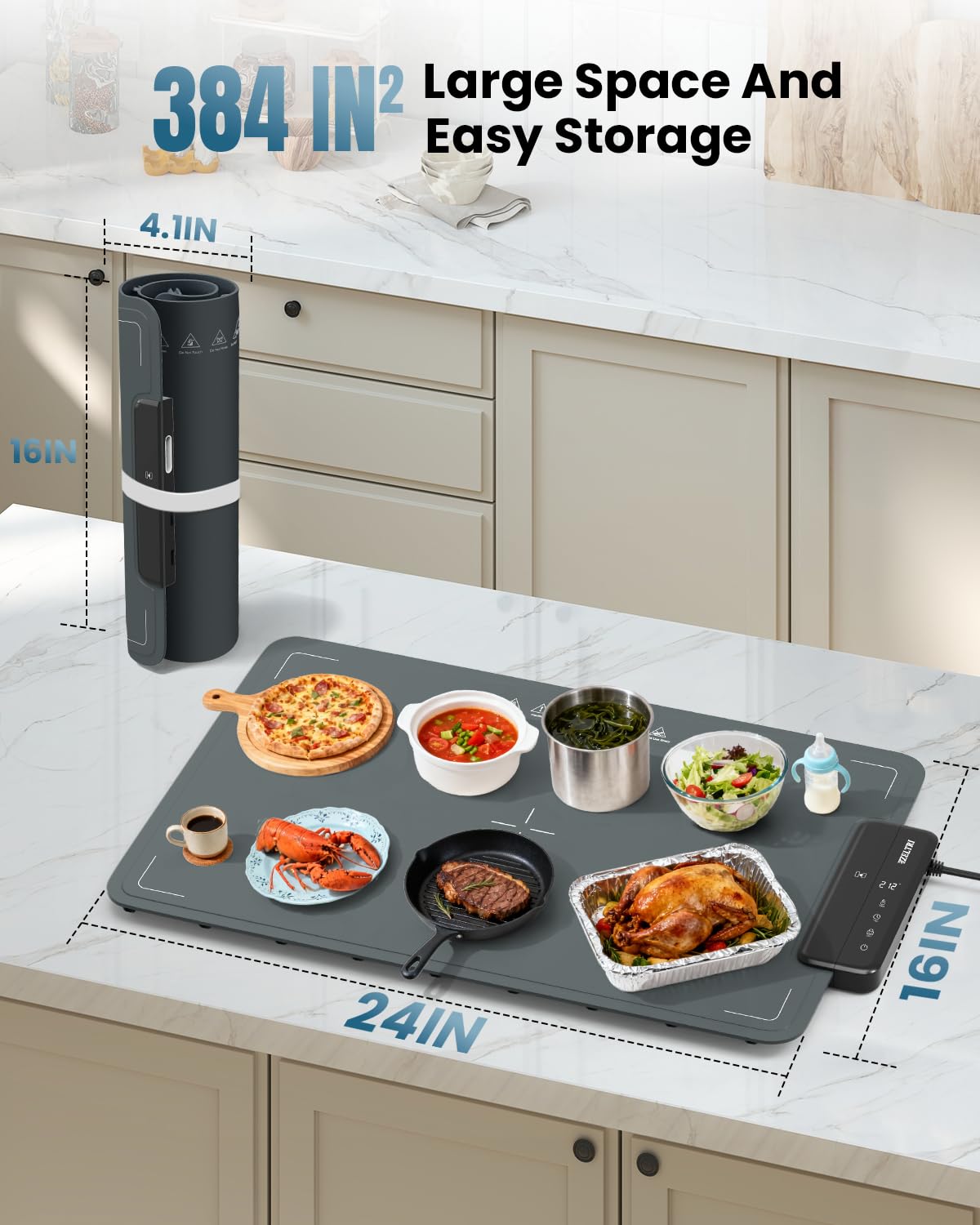 ZELTRI Food Warmer Mat Plug and Play-Large 24''X16'' Rapid Full Surface Heating, 6 Level Temp, 6 Hour Timer, Child Lock, Portable Warming Mat for Family Gatherings, Parties, Outdoor Camping