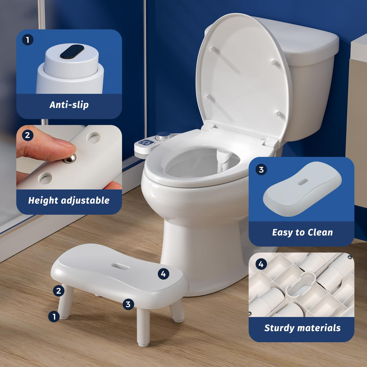 Clirass Toilet Stool Squat - 6.7", 7.5", 8.3" and 9" Adjustable Heights - Bathroom Potty Poop Stool for Adults and Kids with Non-Slip Design