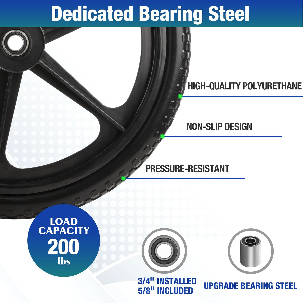 Jinleader 2 PCS 20" PU Flat Free Tire with 3/4'' and 5/8'' Bearings, Non-inflated Tires and Wheels, 20x2 Inch Wheel for Wheelbarrow, Carts, Garden Trailers