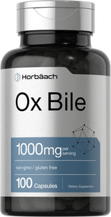 Horbäach Ox Bile Supplement | 1000mg | 100 Capsules | Digestive Enzymes Supplement | Non-GMO & Gluten Free
