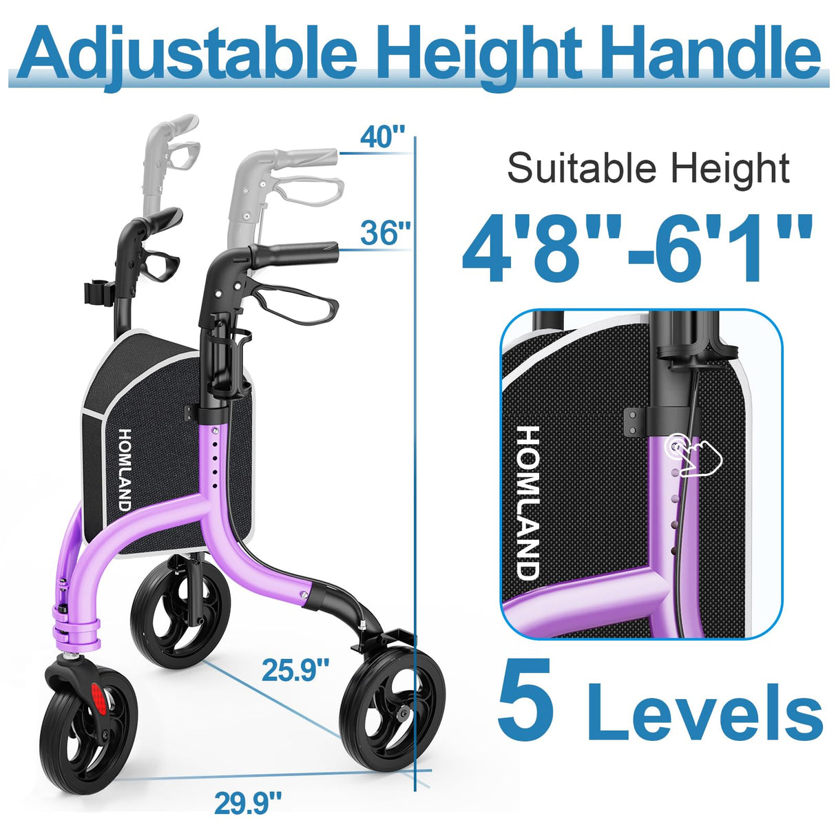 HOMLAND 3 Wheel Walkers for Seniors, FSA/HSA Eligible Foldable Wheeled Rollator with Cane Hold and Cup Hold, Lightweight Three Wheel Rolling Walker Height Adjustable for Seniors