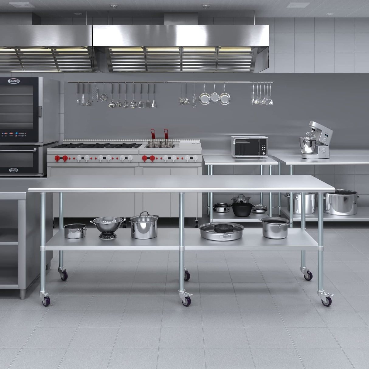 AmGood 30 in. x 96 in. Stainless Steel Work Table with Wheels | Metal Kitchen Food Prep Table | NSF