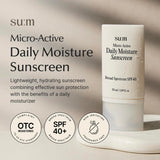 SU:M Micro-Active Daily Moisture Sunscreen (1.69fl oz) - Korean Skincare SPF 40 for UV Protection, Hydration, Soothing Sensitive Skin, No White Cast. With Biopeptide190 & Niacinamide.