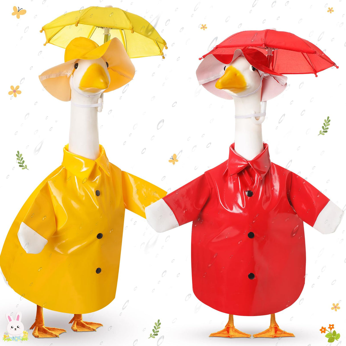 Yeyeplum 2 Set Porch Goose Outfit Raincoat and Umbrella Summer Lawn Porch Goose Cloth Costume Raincoat Outfits for Summer Outdoor Patio Yard Lawn Decoration(Red and Yellow,23 Inches,Classic Style)
