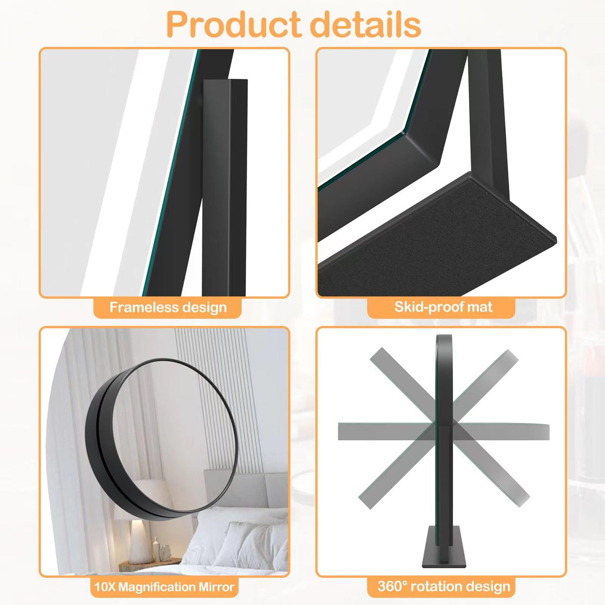 Gvnkvn Makeup Vanity Mirror with Lights 15.2" Large LED Lighted Mirror, Hollywood Make Up Mirror with Lighting for Bedroom Tabletop, Smart Touch, Detachable 10X Magnification 360° Rotation, (Black)